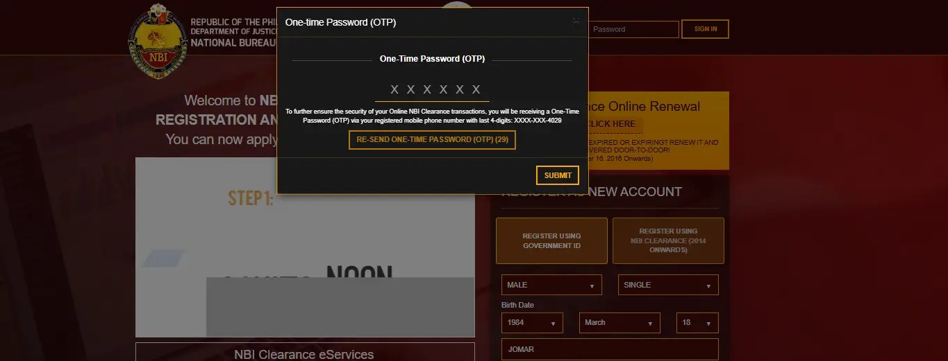 NBI Online Appointment 3 One Time Password OTP Verification